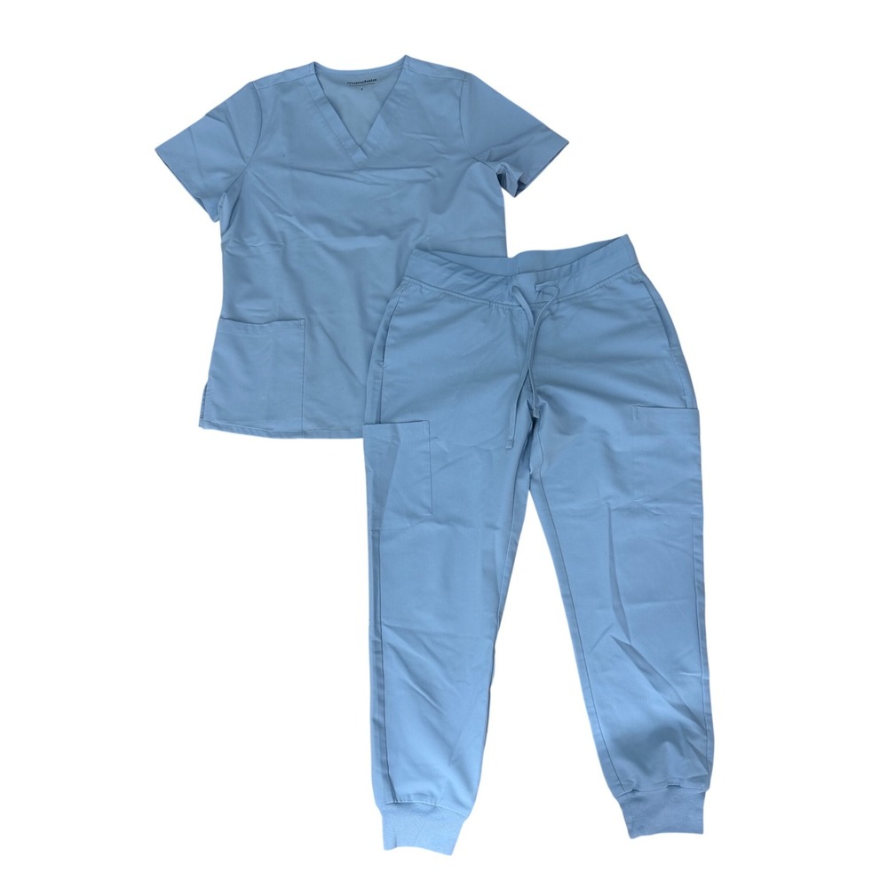 Mandala Scrub Set Women Small V-Neck Top Jogger Pants Blue Healthcare Utility
